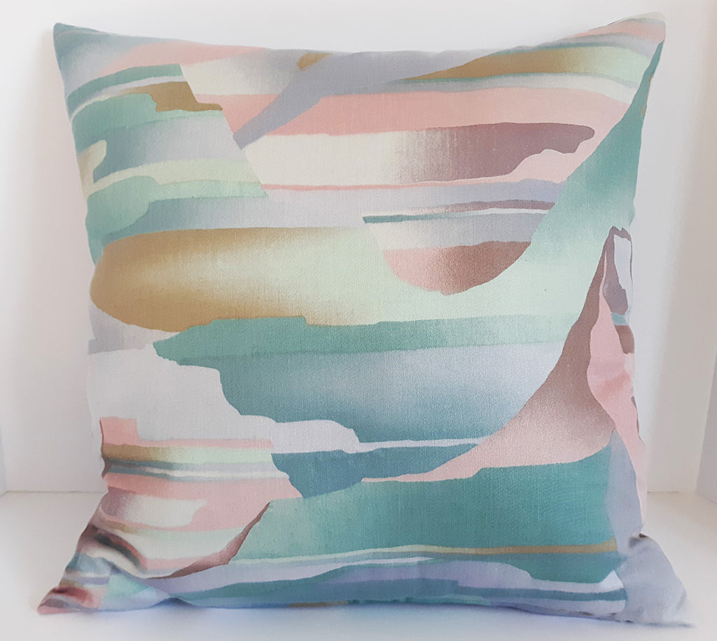 Handmade Pastel Abstract Throw Pillow Cover, 18"x18", Aqua Blue Pink Lavender & Gold, 100% Cotton