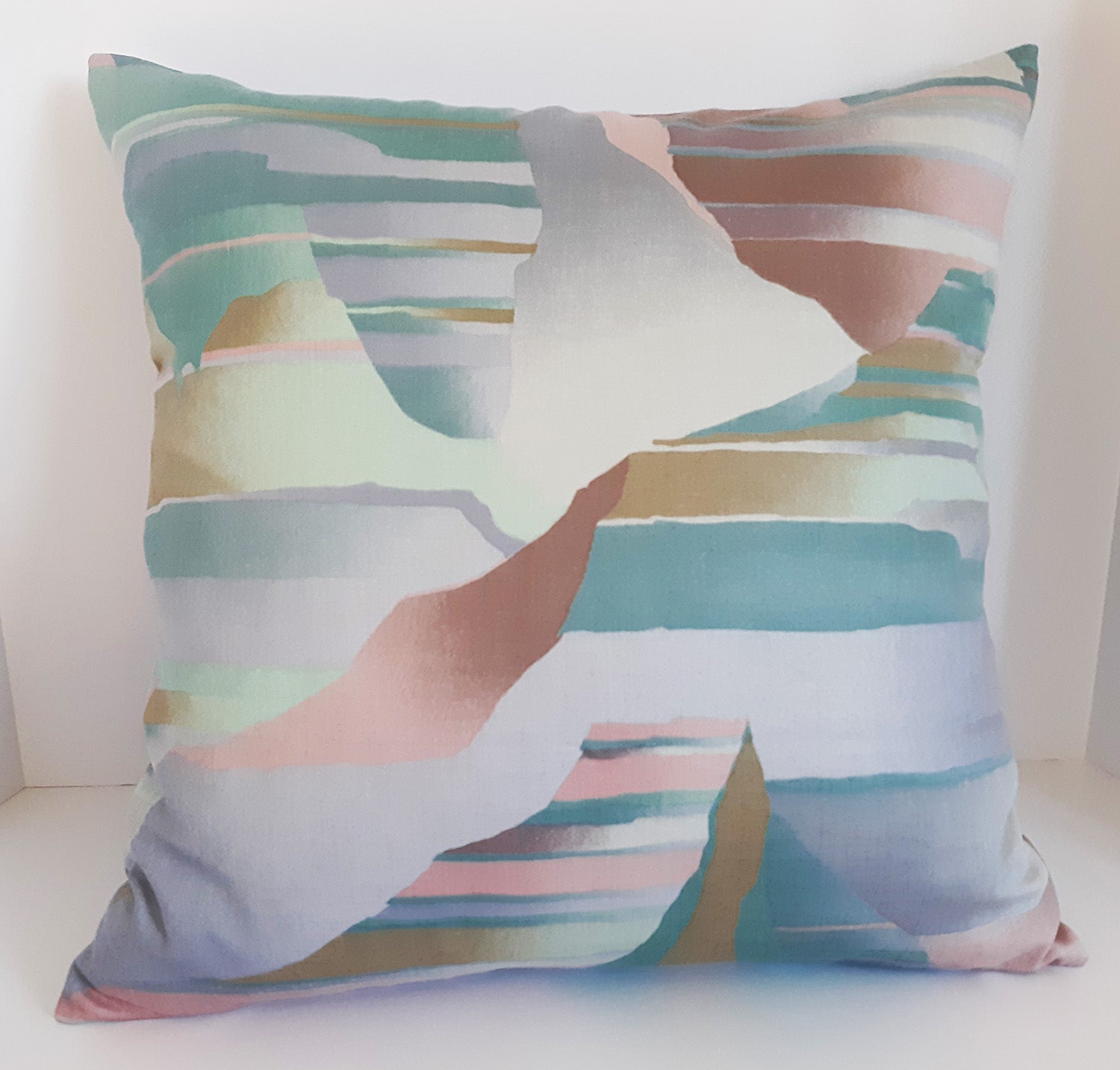 Handmade Pastel Abstract Throw Pillow Cover, 18"x18", Aqua Blue Pink Lavender & Gold, 100% Cotton