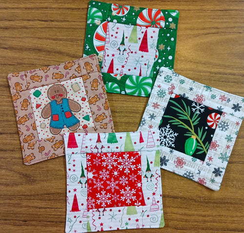Handmade Christmas Mug Rug Coasters, Cute Holiday Cotton Quilt Squares, Set of 4
