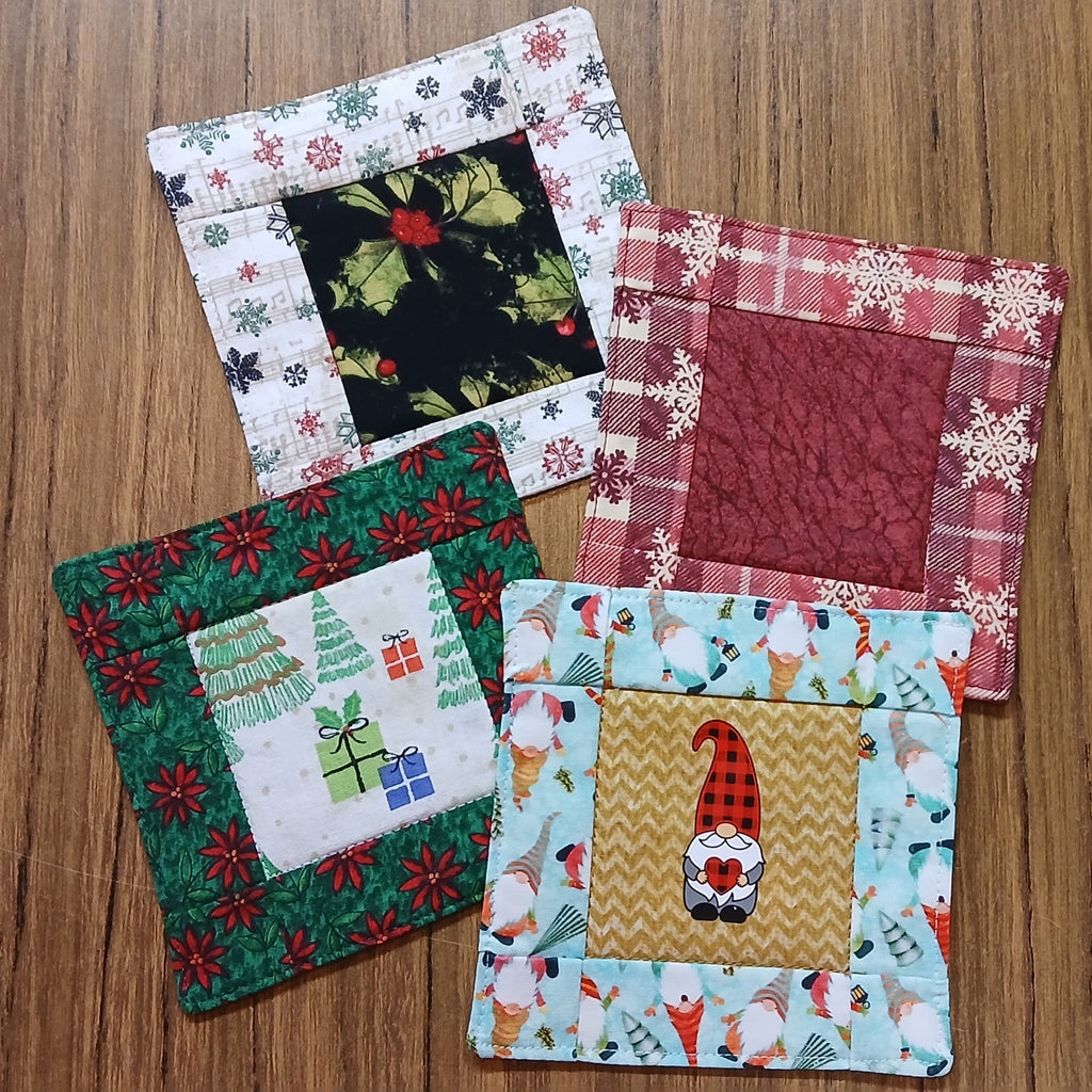 Holiday Coasters, Cute Christmas Mug Rugs, Cotton Quilt Squares, Set of 4