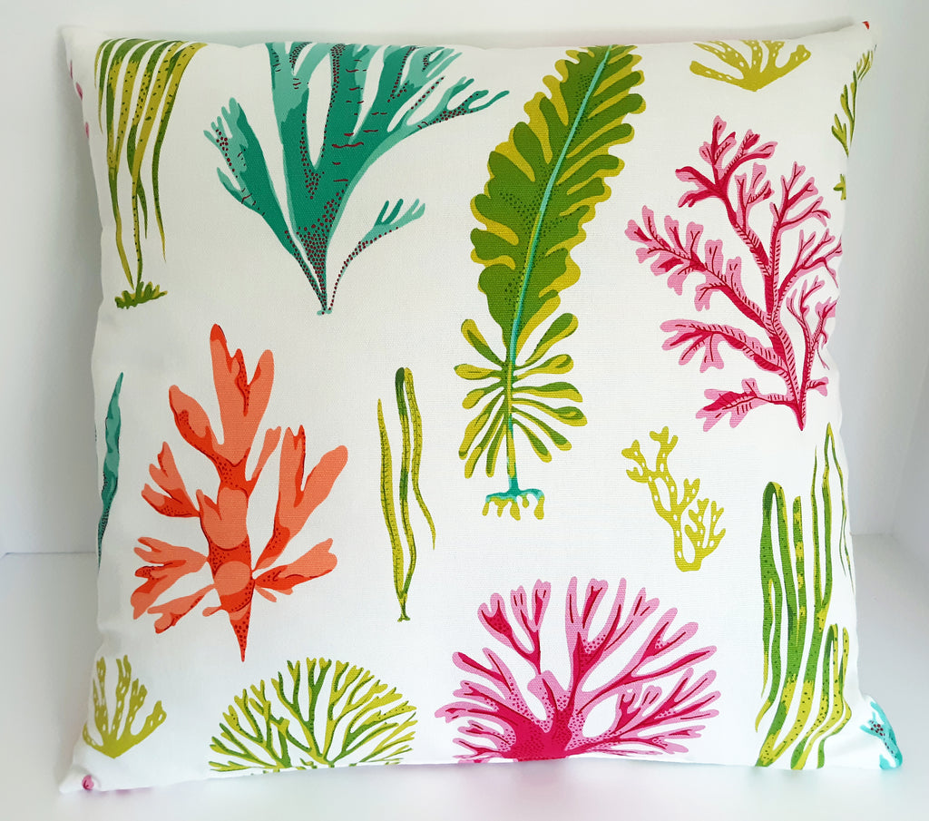 Coastal Design Throw Pillow Cover, Coral and Seaweed 100% Cotton