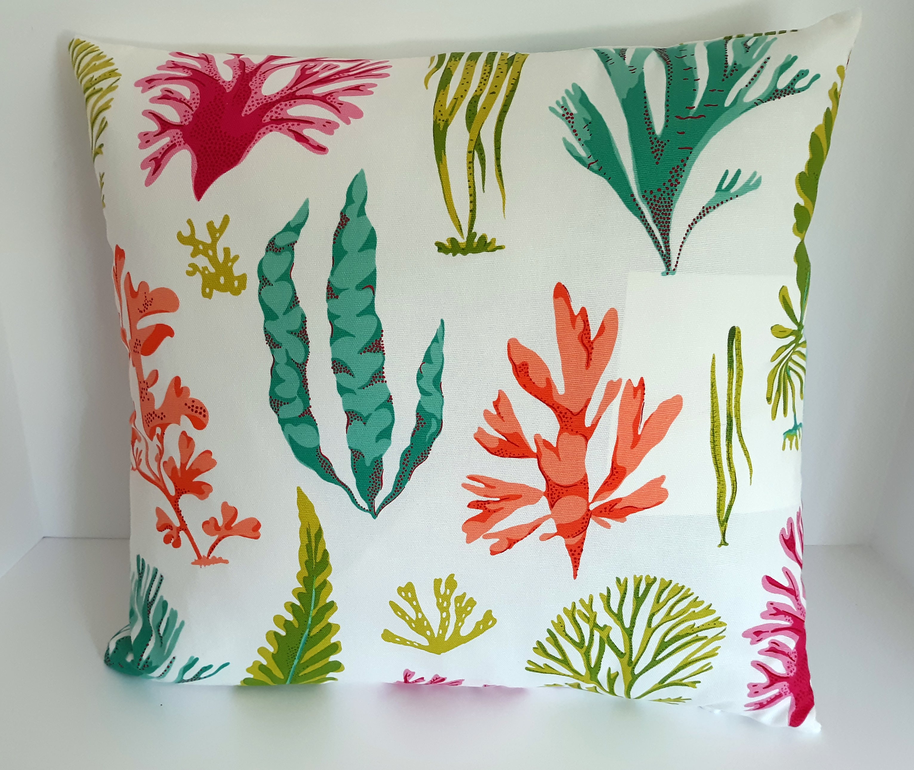 Coastal Design Throw Pillow Cover, Coral and Seaweed 100% Cotton