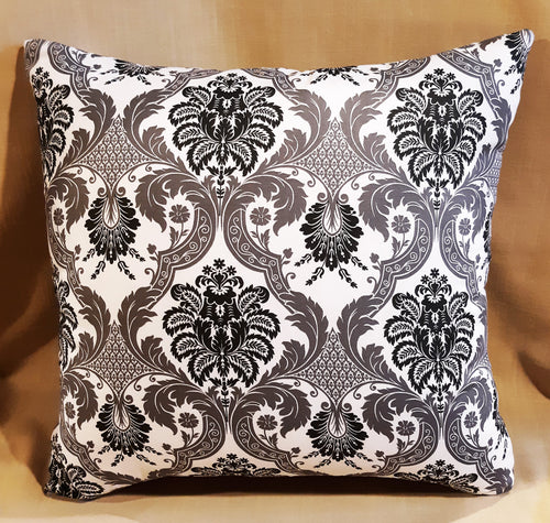 Handmade Baroque Damask Throw Pillow Cover, 18"x18", Charcoal & White, 100% Cotton Duck