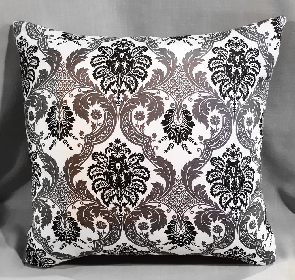 Handmade Baroque Damask Throw Pillow Cover, 18"x18", Charcoal & White, 100% Cotton Duck