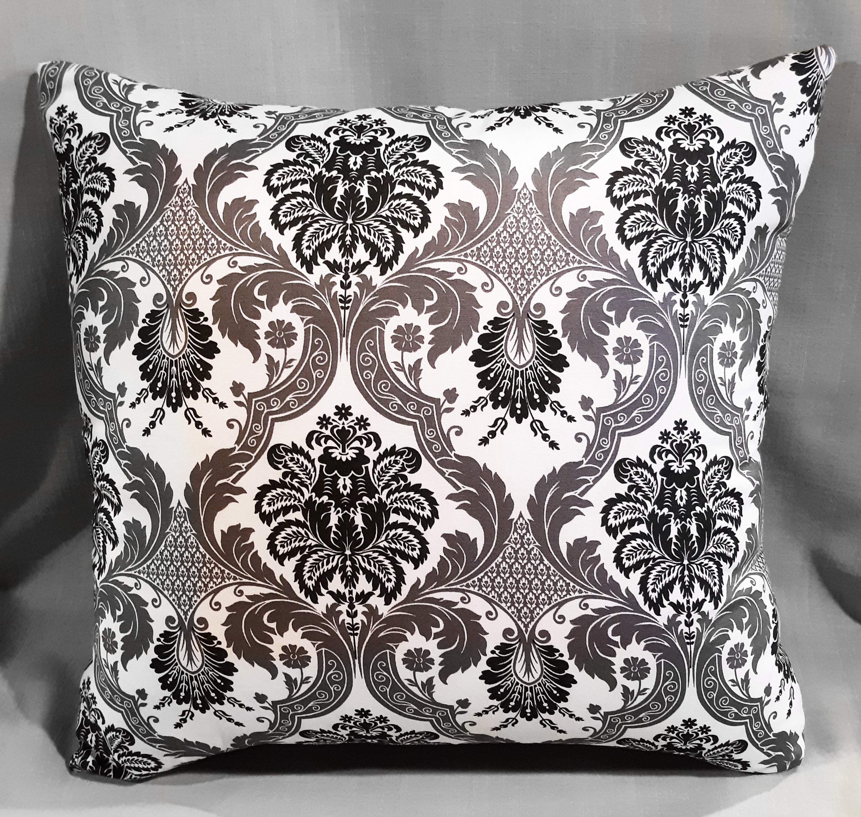 Handmade Baroque Damask Throw Pillow Cover, 18"x18", Charcoal & White, 100% Cotton Duck