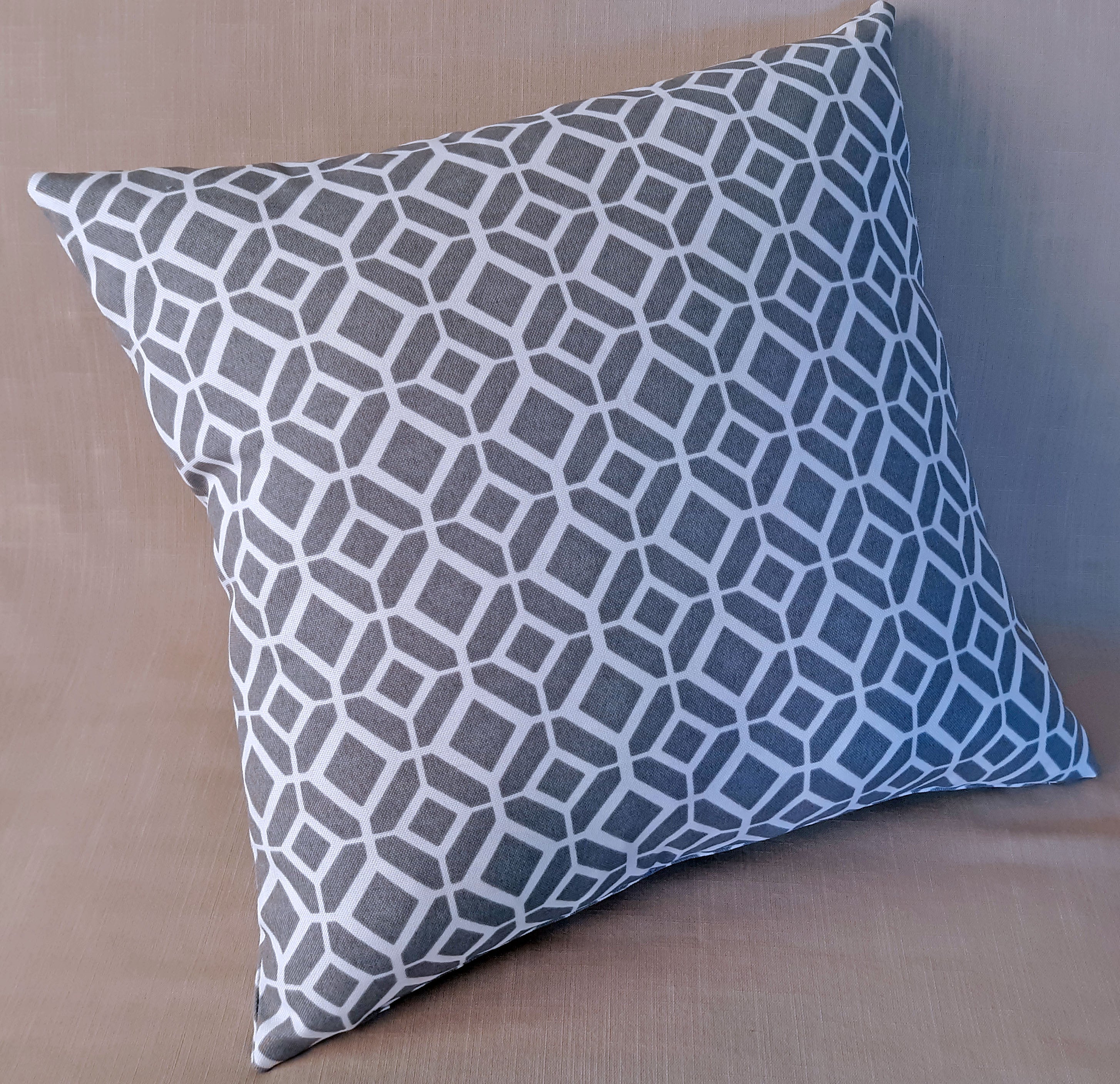 Handmade Gray & White Geometric Throw Pillow Cover, 18"x18", Diamond Lattice Pattern, Indoor/Outdoor Fabric