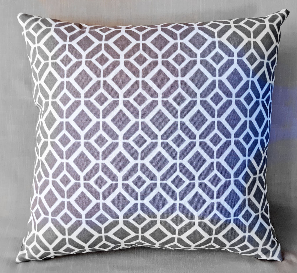 Handmade Gray & White Geometric Throw Pillow Cover, 18"x18", Diamond Lattice Pattern, Indoor/Outdoor Fabric
