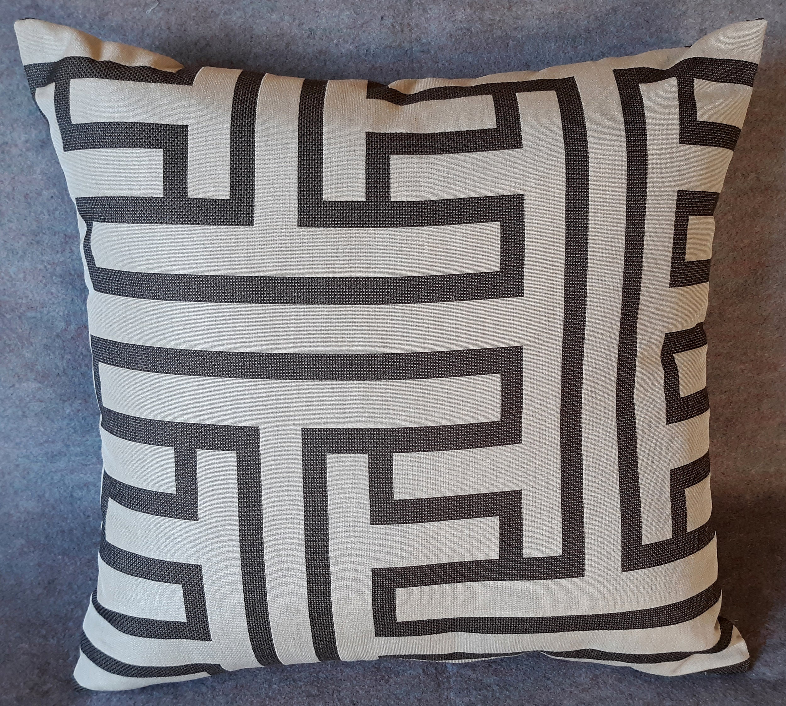 Handmade Greek Key Throw Pillow Cover, 18"x18", Espresso & Natural, Geometric Maze Design, Decorator Fabric