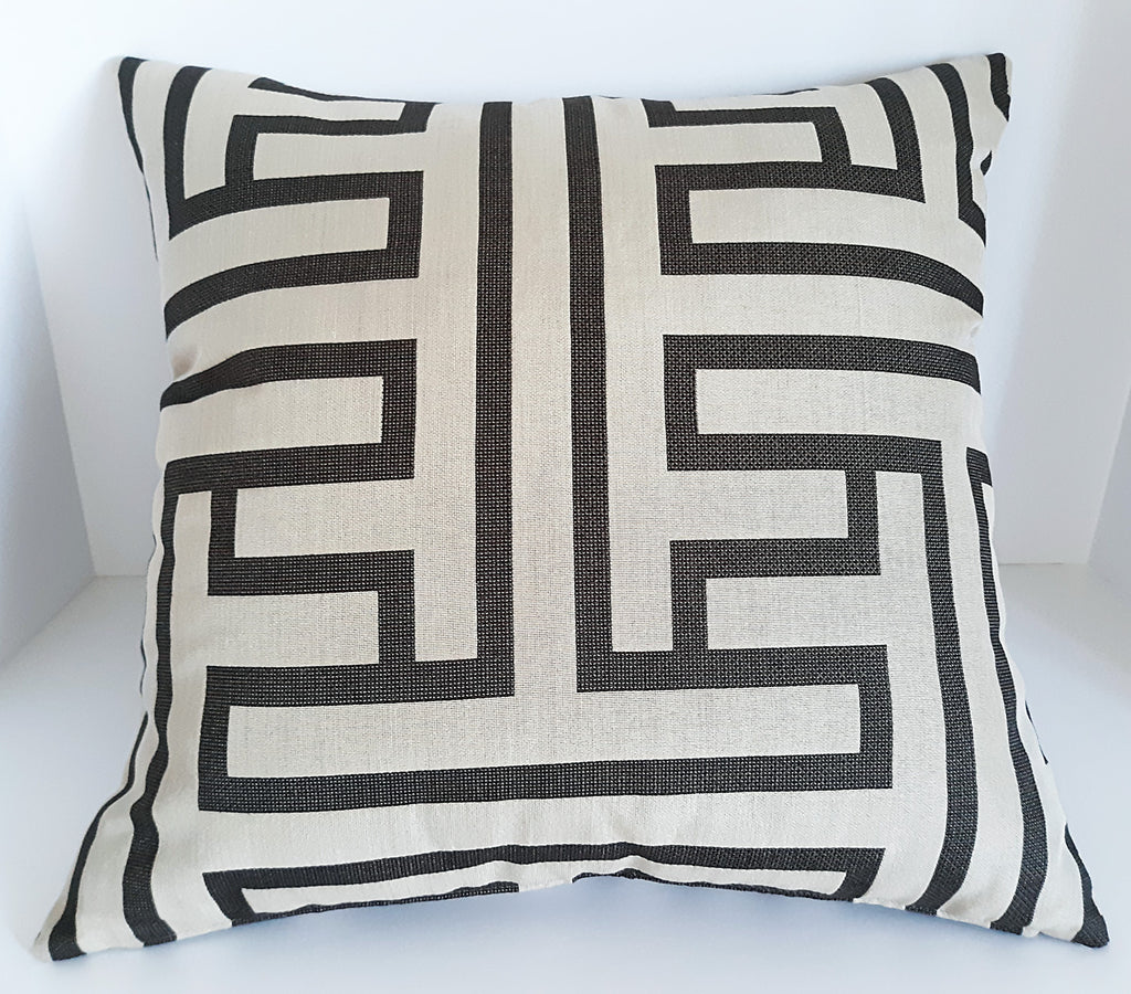Handmade Greek Key Throw Pillow Cover, 18"x18", Espresso & Natural, Geometric Maze Design, Decorator Fabric