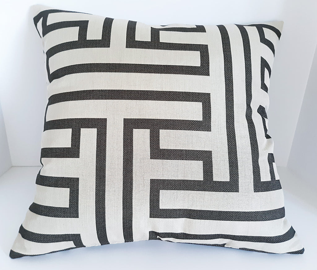 Handmade Greek Key Throw Pillow Cover, 18"x18", Espresso & Natural, Geometric Maze Design, Decorator Fabric