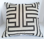 Handmade 18x18 Greek key maze throw pillow cover in espresso brown and natural linen-look decorator fabric with bold geometric pattern
