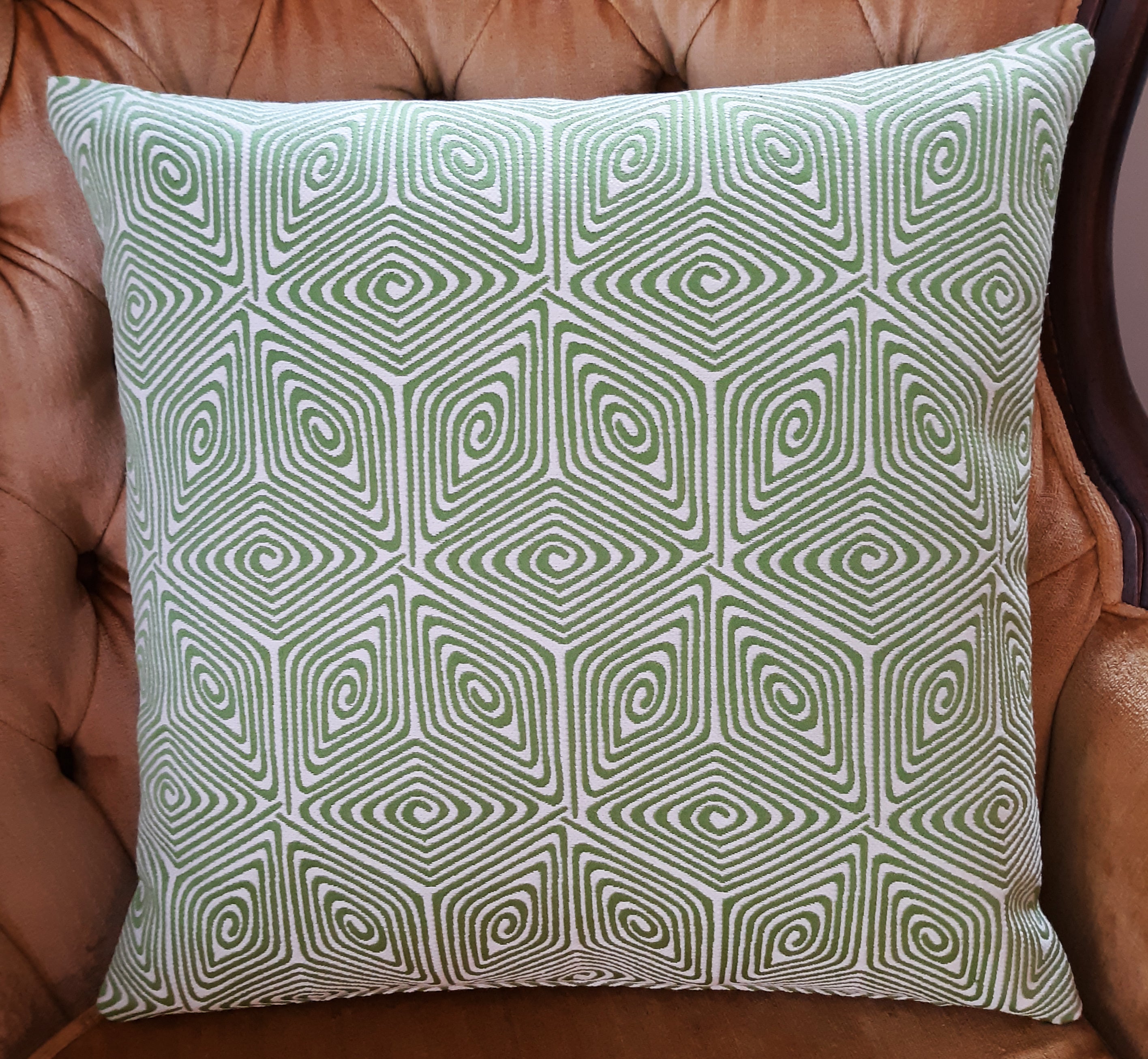 Handmade Sage Green & Cream Geometric Throw Pillow Cover, 18"x18", Spiral Maze Pattern, Cotton