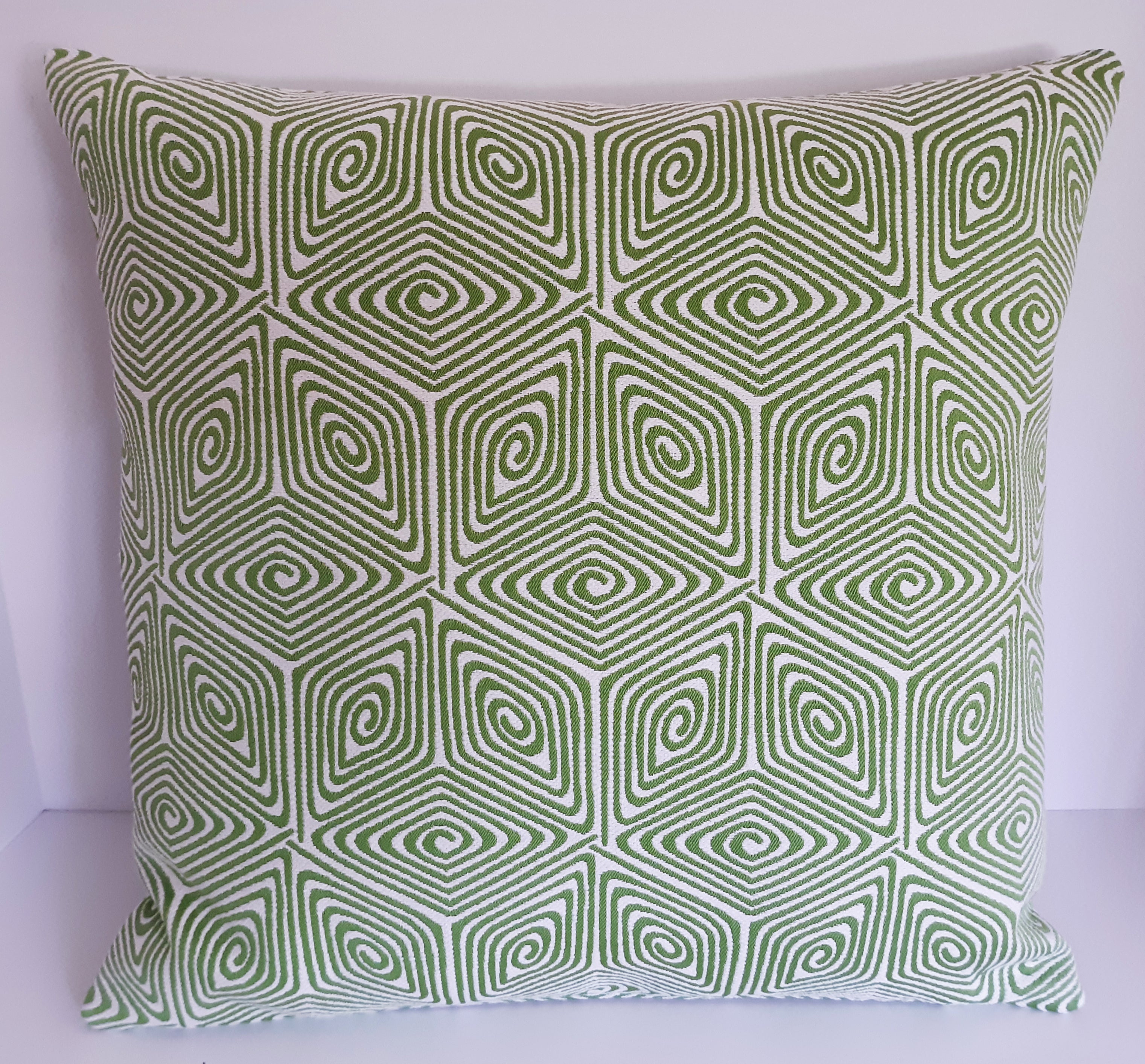Handmade Sage Green & Cream Geometric Throw Pillow Cover, 18"x18", Spiral Maze Pattern, Cotton
