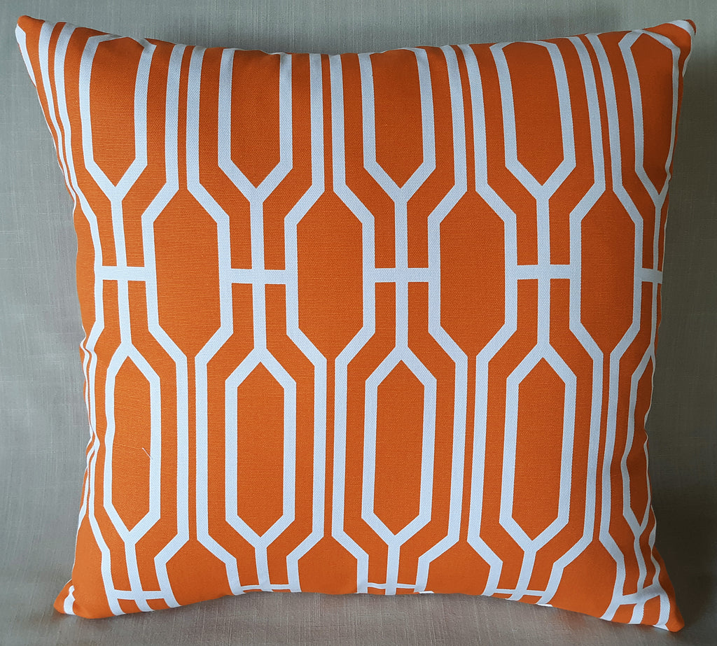 Handmade Orange & White Geometric Throw Pillow Cover, 18"x18", Trellis Lattice Pattern, 100% Cotton