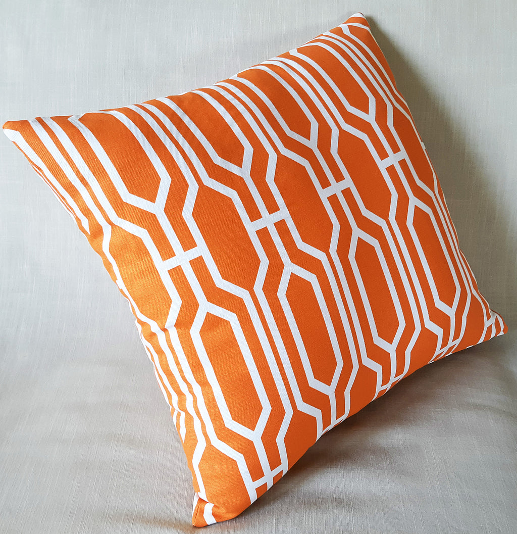 Handmade Orange & White Geometric Throw Pillow Cover, 18"x18", Trellis Lattice Pattern, 100% Cotton