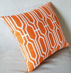 Handmade Orange & White Geometric Throw Pillow Cover, 18"x18", Trellis Lattice Pattern, 100% Cotton