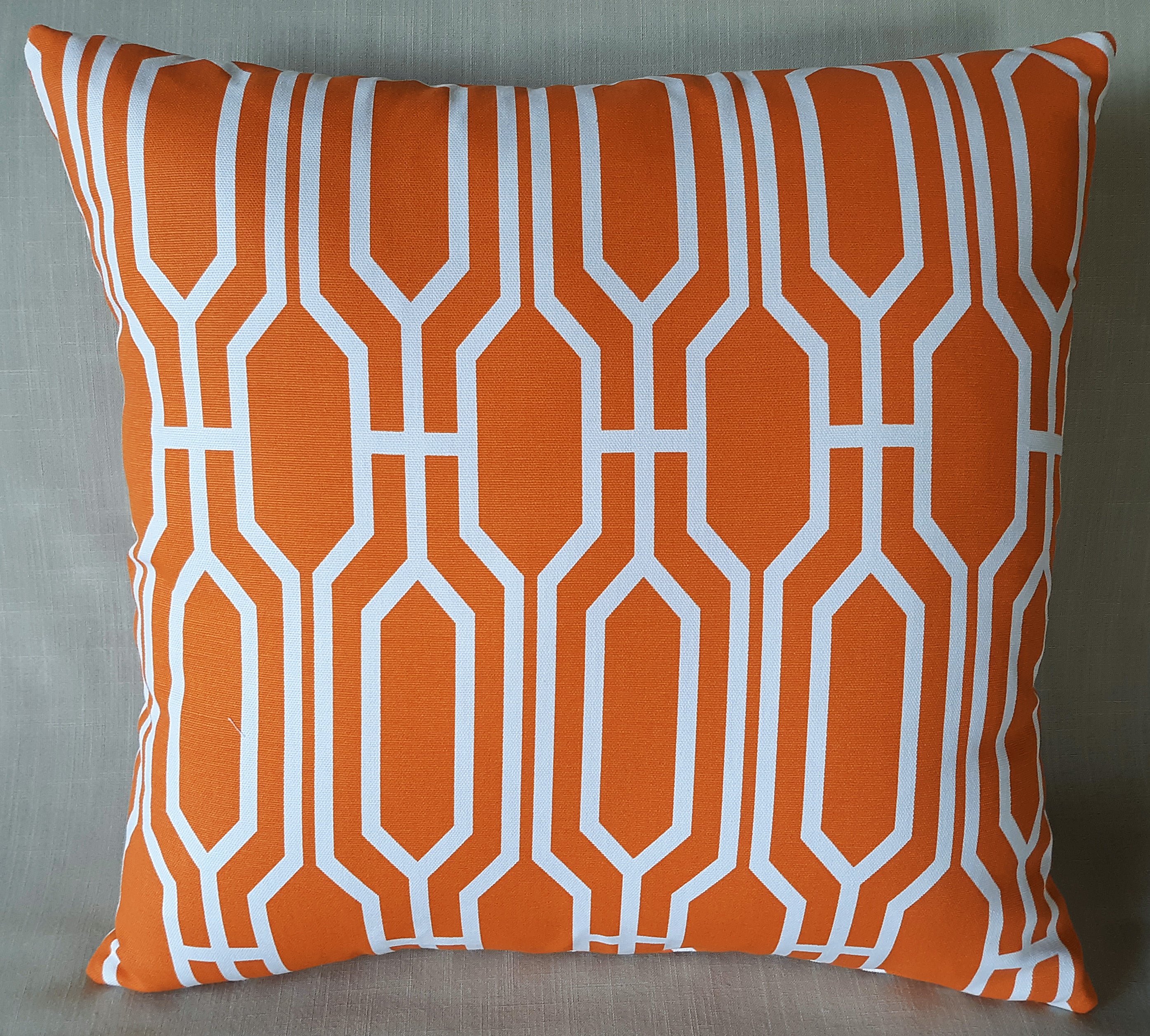 Handmade 18x18 tangerine orange and white trellis lattice geometric throw pillow cover in 100% cotton