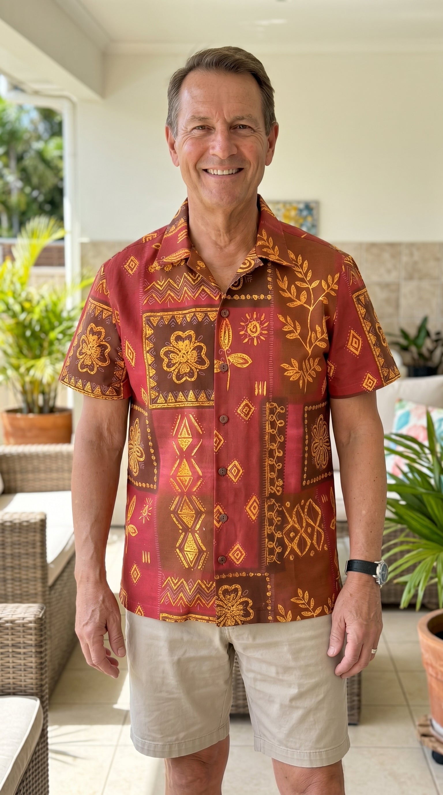 Men's Short Sleeve Batik Cotton Button Up Shirt
