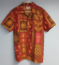 Handmade Batik Print Short Sleeve Button-Up Shirt, 100% Cotton, Red Brown Gold, Sizes S–XL