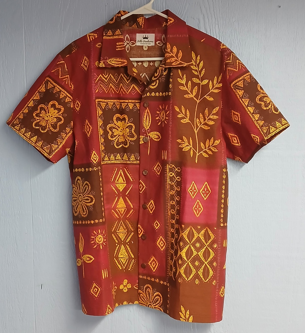Handmade Batik Print Short Sleeve Button-Up Shirt, 100% Cotton, Red Brown Gold, Sizes S–XL