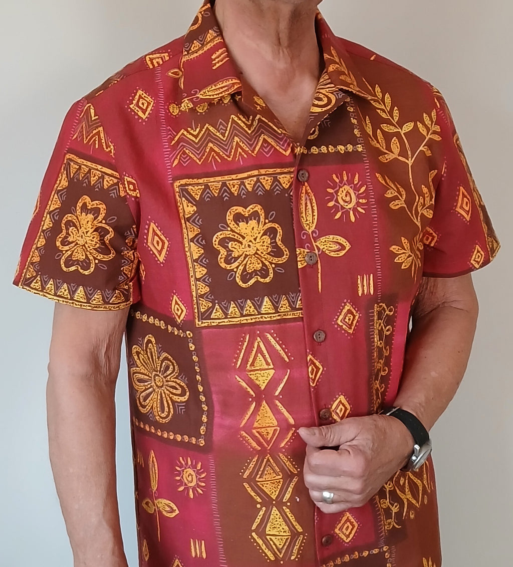 Men's Short Sleeve Batik Cotton Button Up Shirt