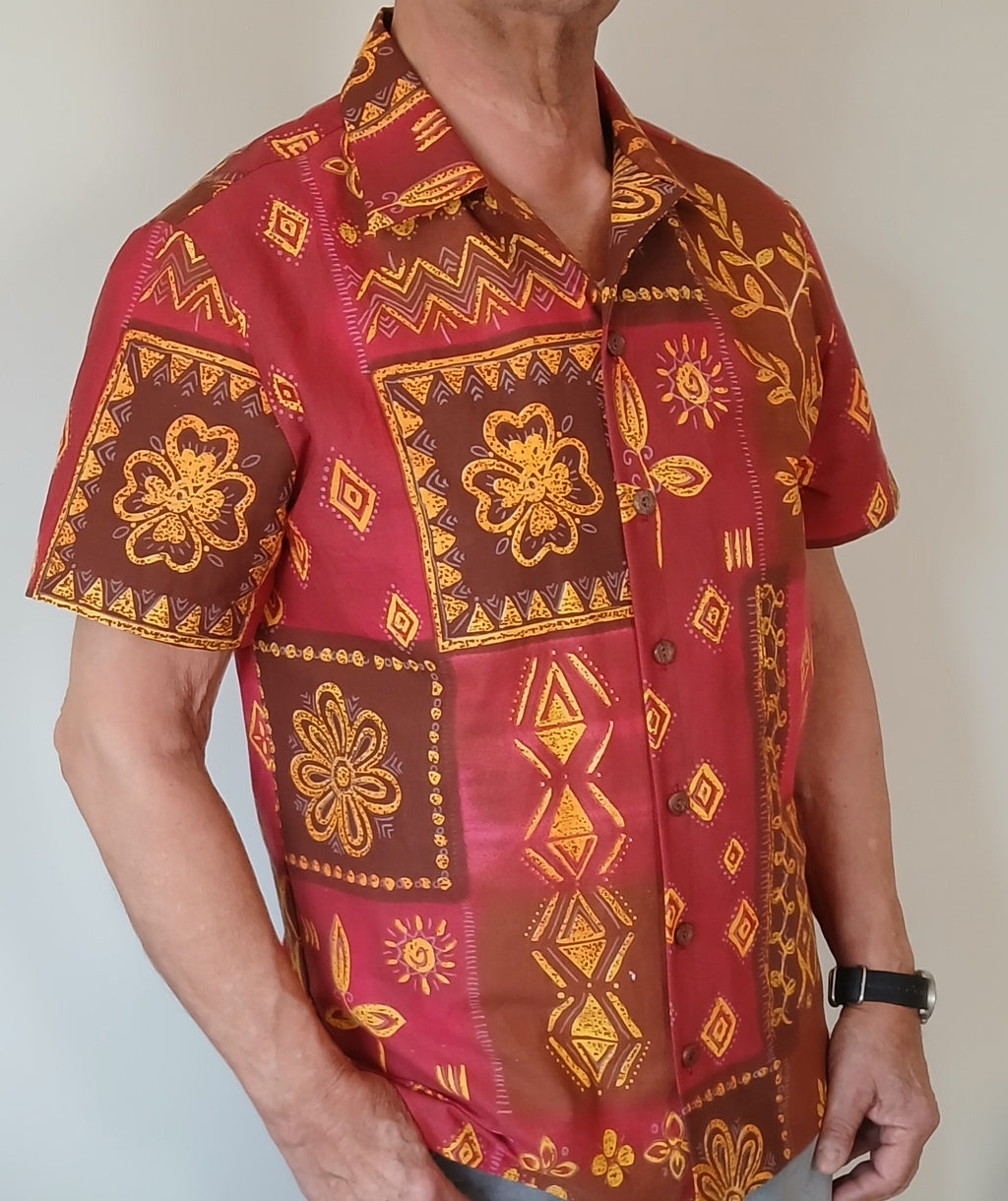 Men's Short Sleeve Batik Cotton Button Up Shirt