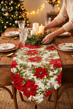 Holiday Table Runner, Poinsettia Print 100% Cotton