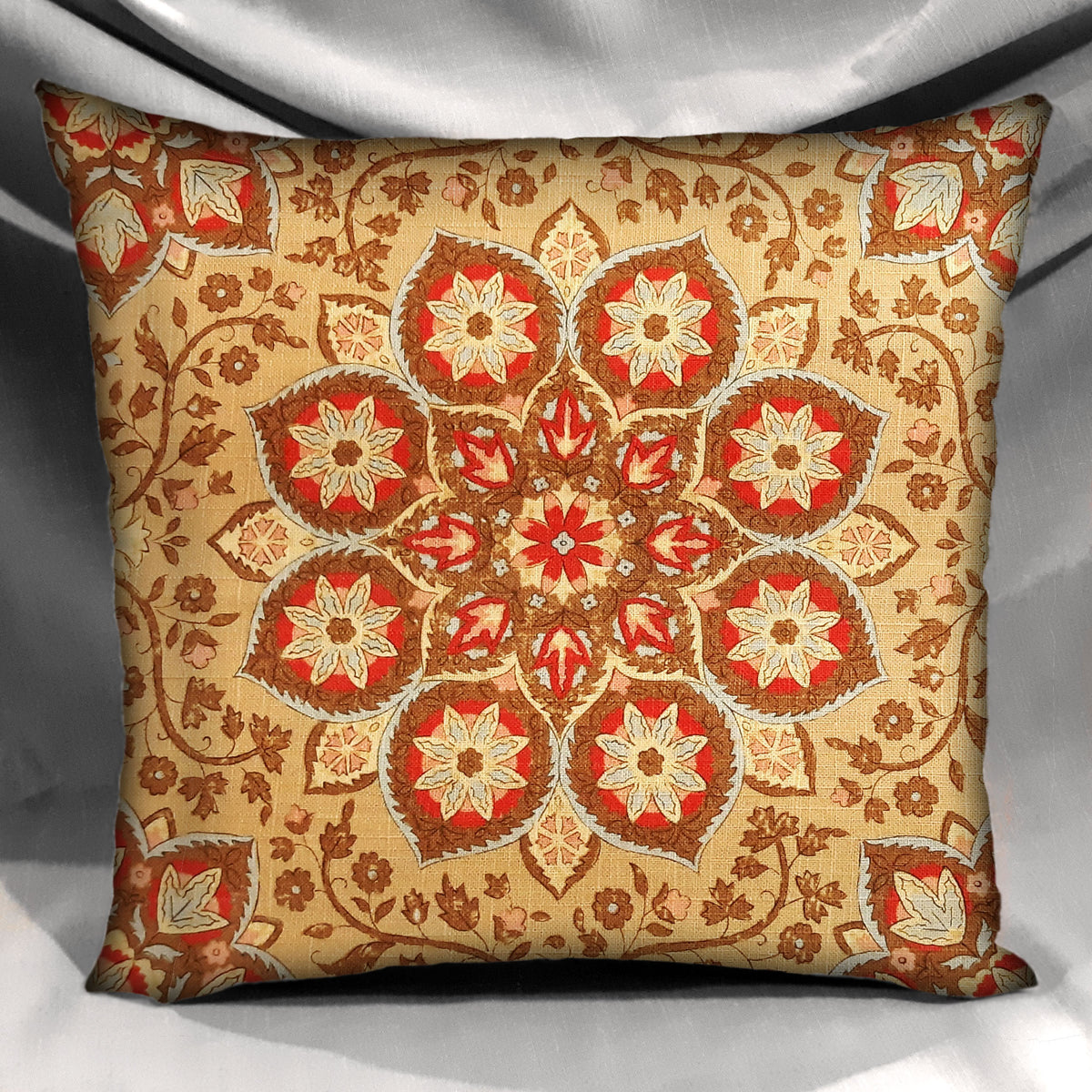 Handmade Retro Pillow Cover, Vintage Gold & Red Floral Medallion