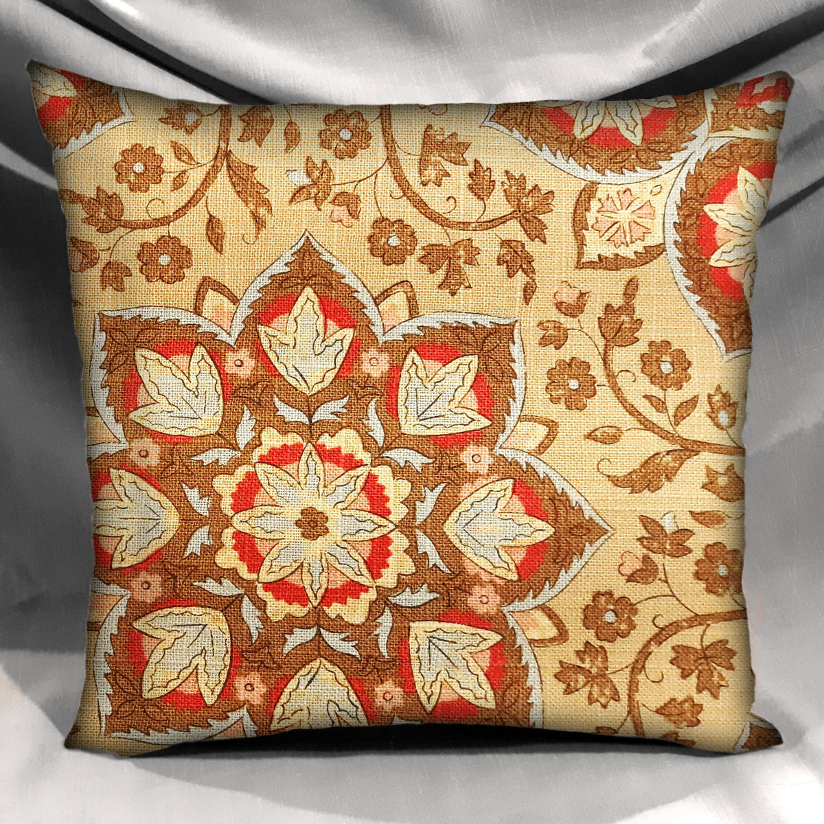 Handmade Retro Pillow Cover, Vintage Gold & Red Floral Medallion