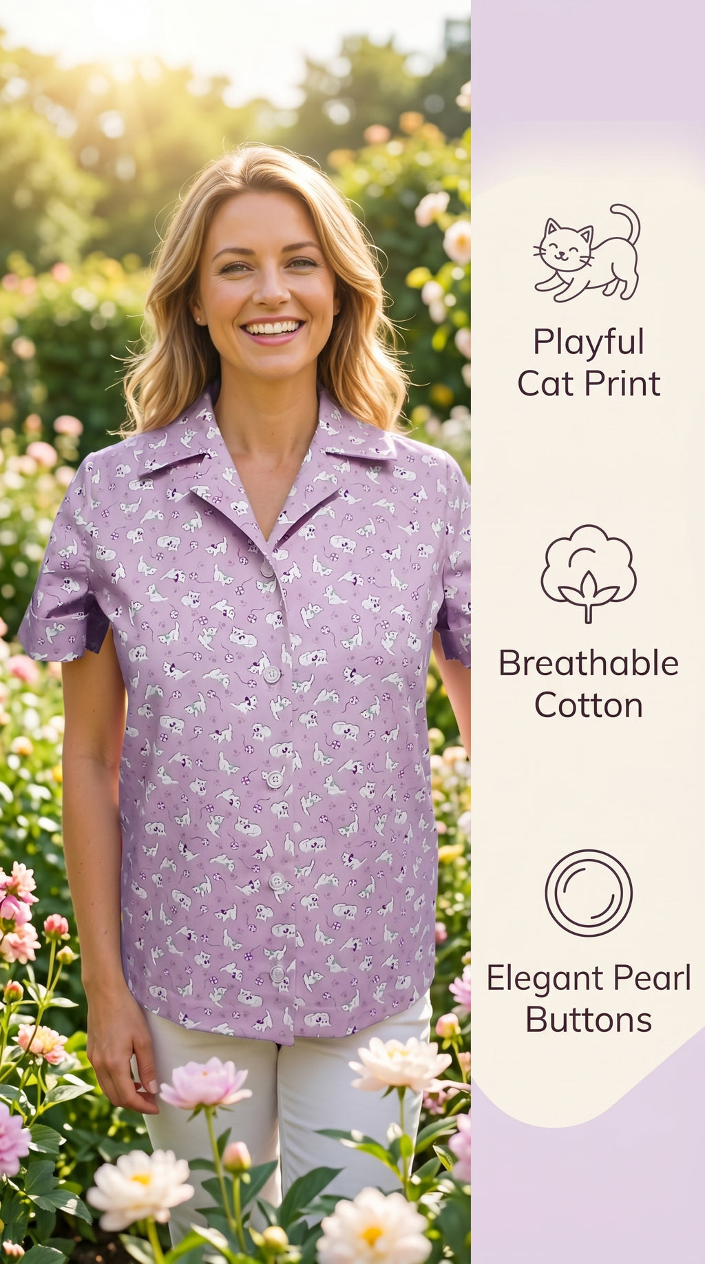 Womens Cotton Camp Shirt, Lavender Cat Print