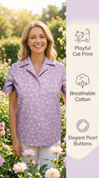 Womens Cotton Camp Shirt, Lavender Cat Print