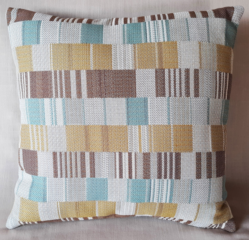 Handmade Mid-Century Modern Throw Pillow Cover, 18"x18", Woven Color Block in Aqua Gold Brown & Ivory, Cotton