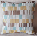Handmade 18x18 Mid-Century Modern woven color block throw pillow cover in aqua, gold, brown and ivory cotton