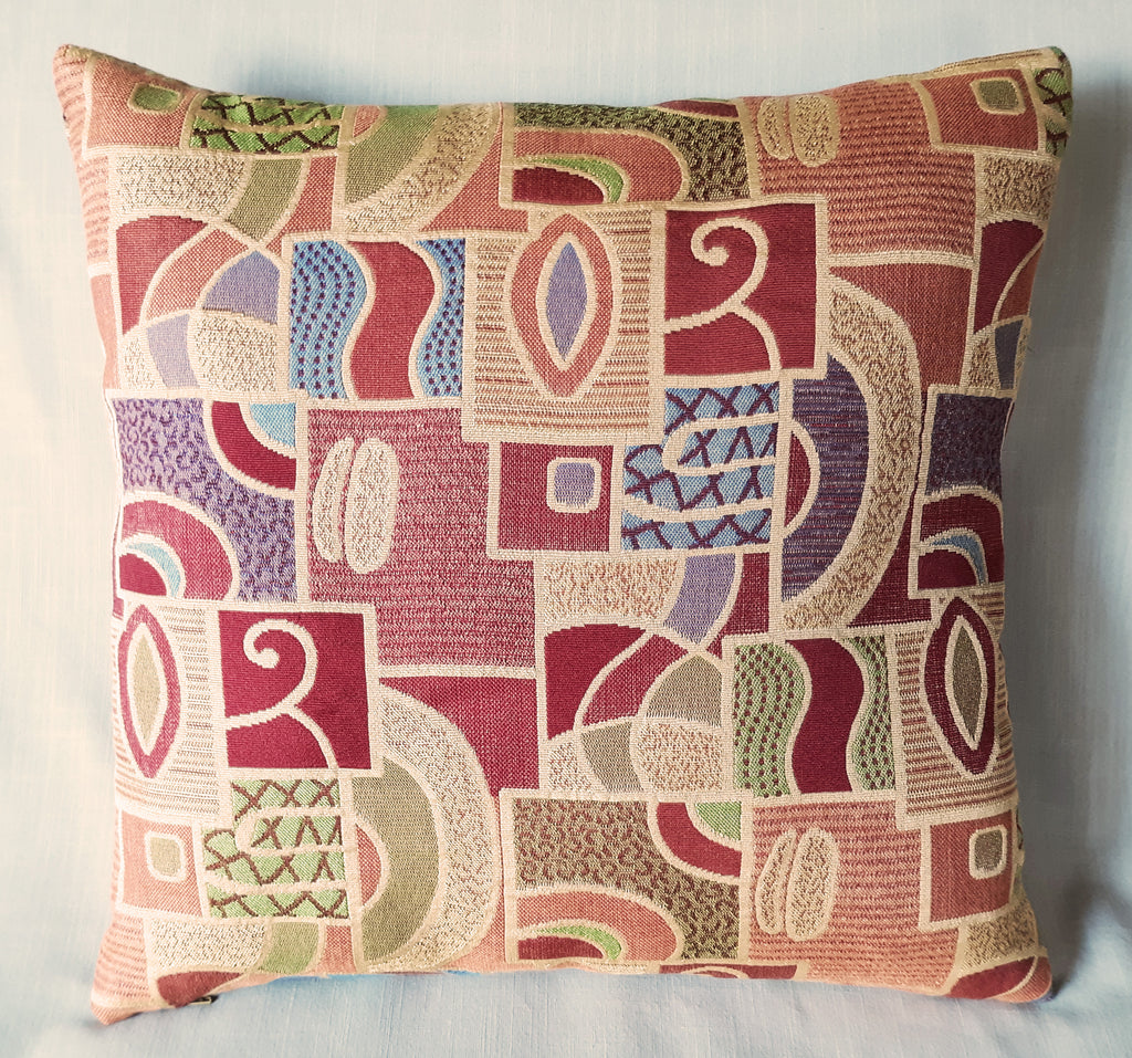 Handmade Art Deco Tapestry Throw Pillow Cover, 18"x18", Jewel Tone Woven Cotton, Burgundy Purple Gold & Green