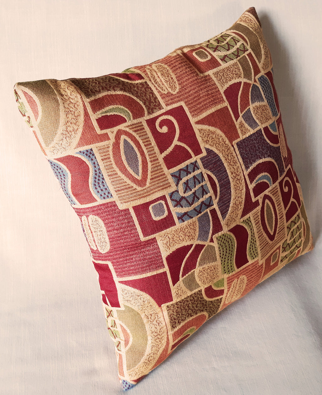 Handmade Art Deco Tapestry Throw Pillow Cover, 18"x18", Jewel Tone Woven Cotton, Burgundy Purple Gold & Green