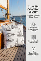 Coastal Design Throw Pillow Cover, Sailboats White Black Outdoor Fabric, 18"