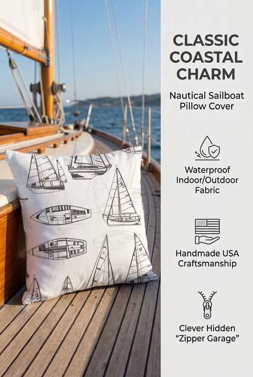 Coastal Design Throw Pillow Cover, Sailboats White Black Outdoor Fabric, 18"