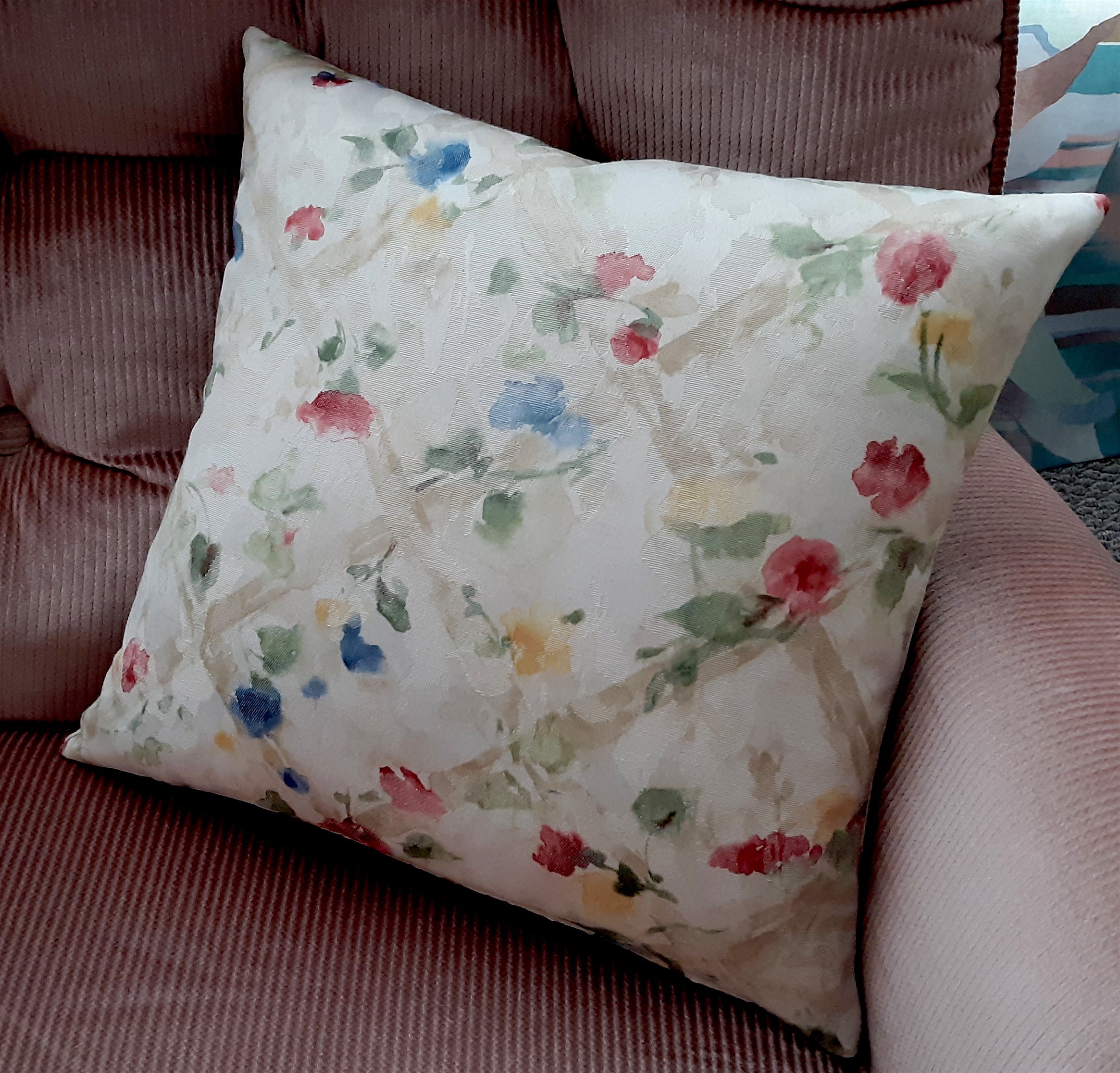Handmade Cottage Rose Throw Pillow Cover, 18"x18", Watercolor Floral Trellis on Ivory Satin, Romantic Decor