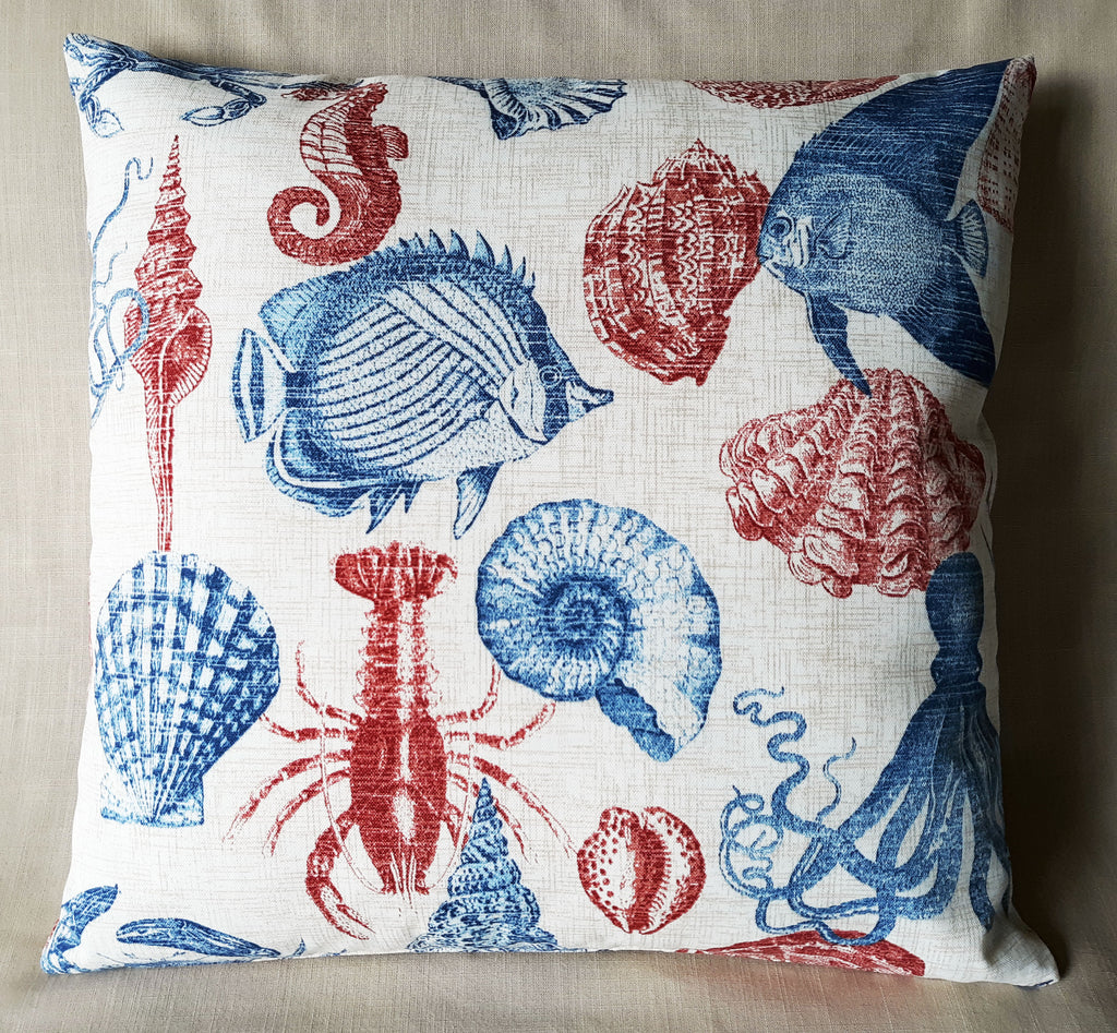 Sea Life Coastal Throw Pillow Cover | Indoor/Outdoor | Handmade | Red & Blue Marine Print
