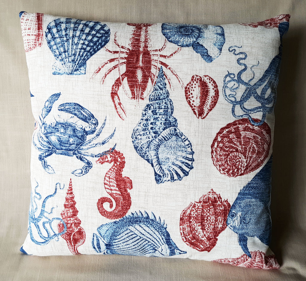 Sea Life Coastal Throw Pillow Cover | Indoor/Outdoor | Handmade | Red & Blue Marine Print