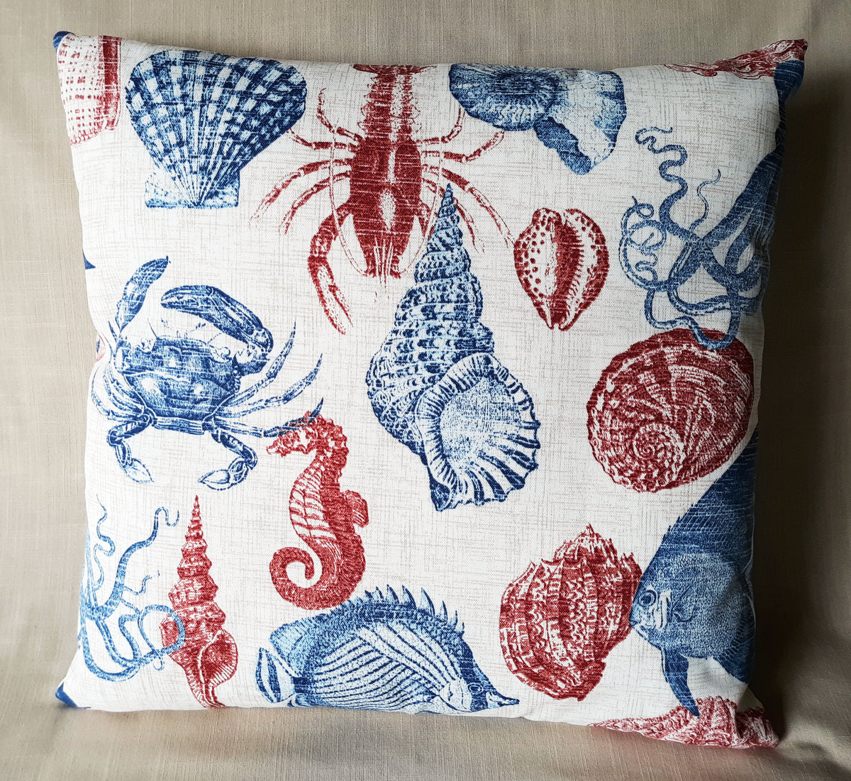 Sea Life Coastal Throw Pillow Cover | Indoor/Outdoor | Handmade | Red & Blue Marine Print