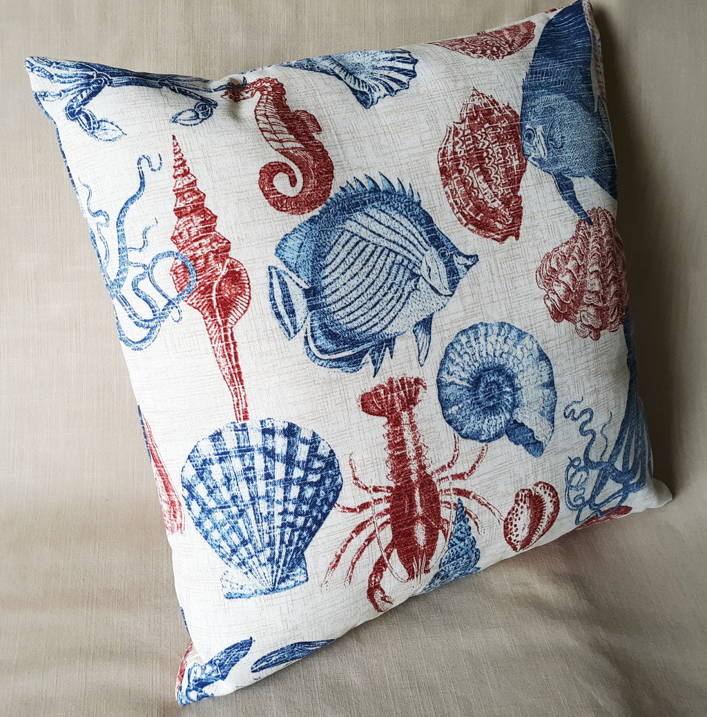 Sea Life Coastal Throw Pillow Cover | Indoor/Outdoor | Handmade | Red & Blue Marine Print