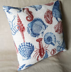 Sea Life Coastal Throw Pillow Cover | Indoor/Outdoor | Handmade | Red & Blue Marine Print