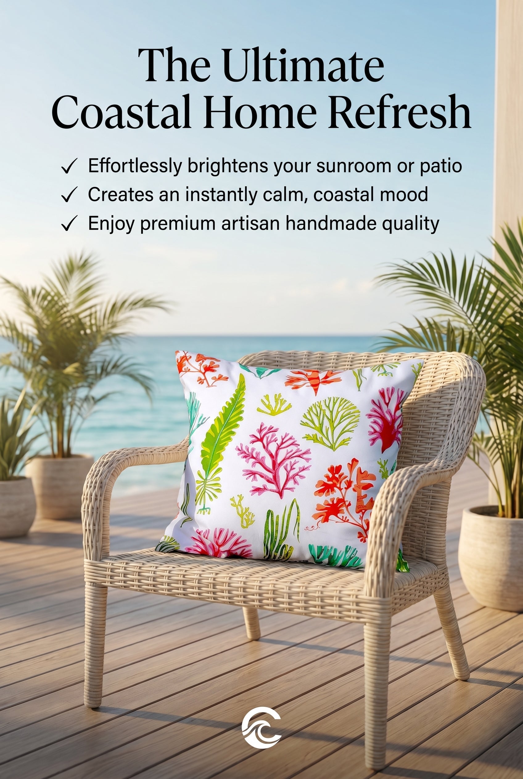 Coastal Design Throw Pillow Cover, Coral and Seaweed 100% Cotton