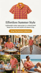 Men's Summer Seersucker Cotton Shirt, Short Sleeves, Button Up, Plaid