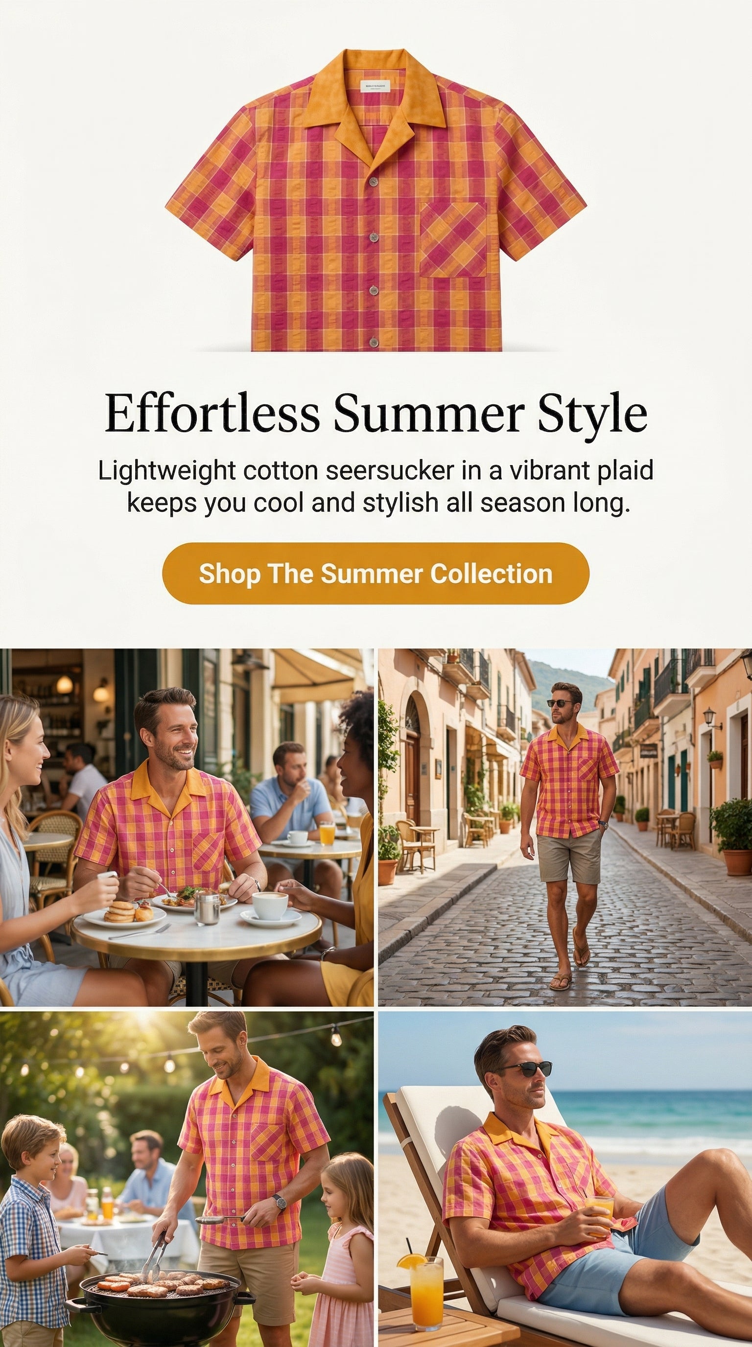 Men's Summer Seersucker Cotton Shirt, Short Sleeves, Button Up, Plaid