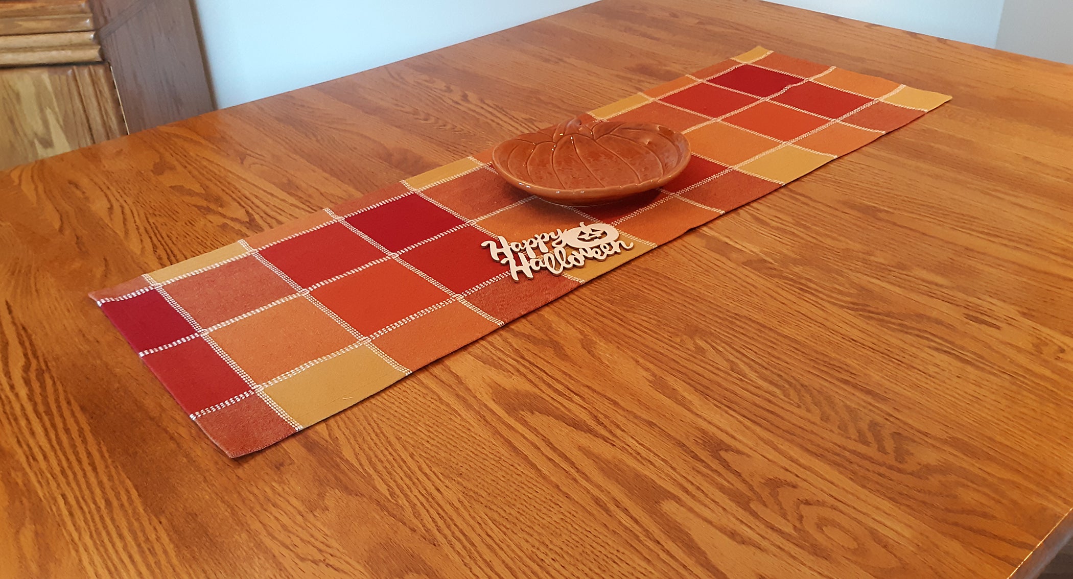 Country Checked Table Runner, 14"x60" Woven Blocks Red Orange Gold, 100% Cotton