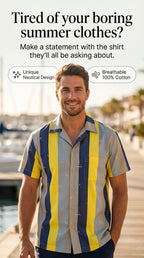Men's Nautical Stripe Sport Shirt, Short Sleeves, Button Up, Navy Blue & Yellow