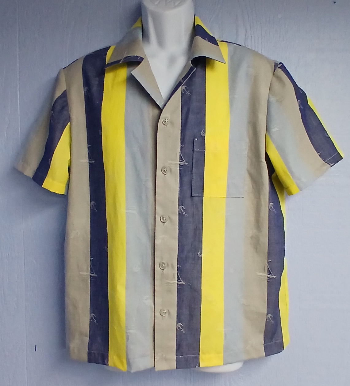 Men's Nautical Stripe Sport Shirt, Short Sleeves, Button Up, Navy Blue & Yellow