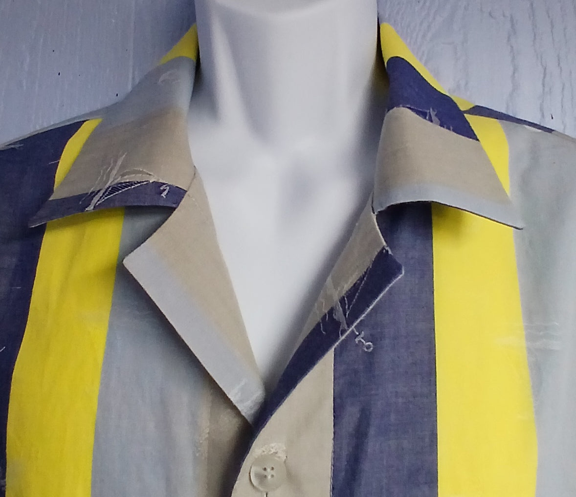 Men's Nautical Stripe Sport Shirt, Short Sleeves, Button Up, Navy Blue & Yellow